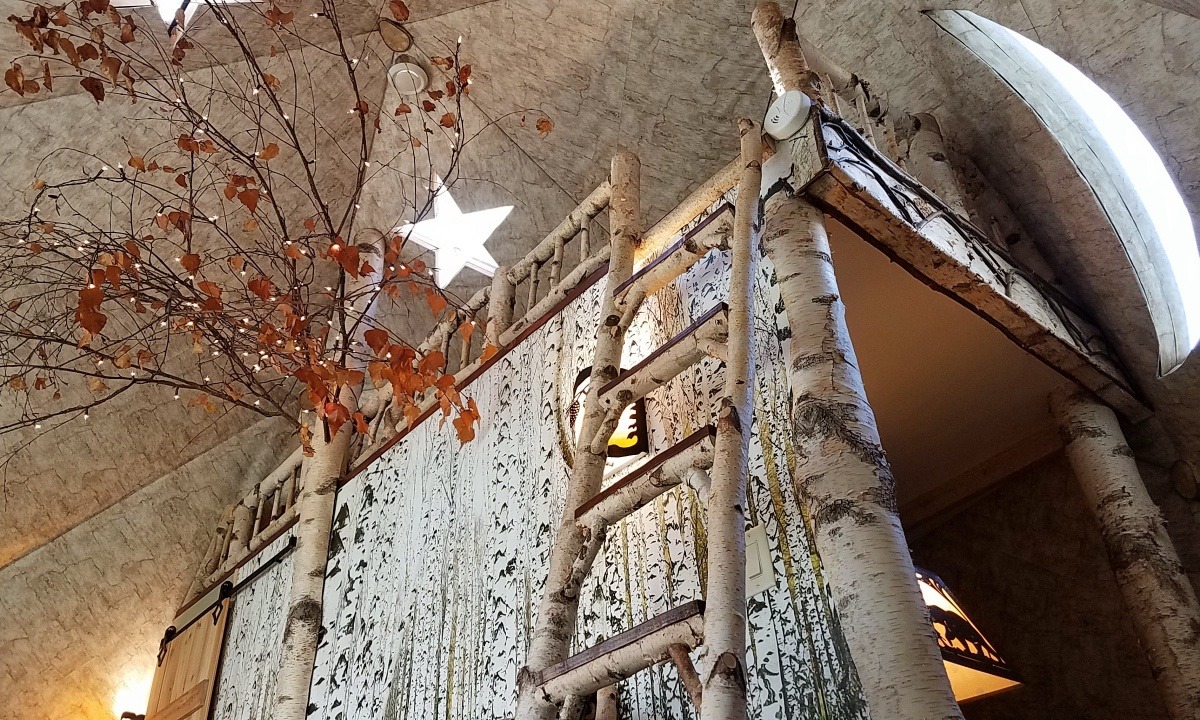 Main living area: two star skylights, moon window, birch forest wall