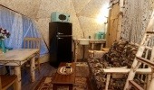 Kitchenette: retro fridge, microwave, custom built birch vanity/sink